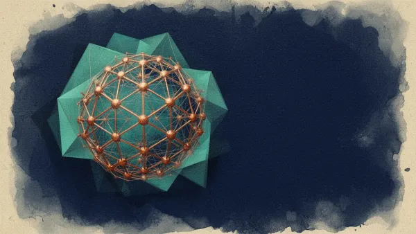 Abstract navy fresco with copper lattice and teal membrane left, negative space right