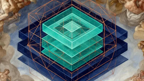 Abstract geometric data lattice in teal/navy with copper lines, aged fresco; right negative space