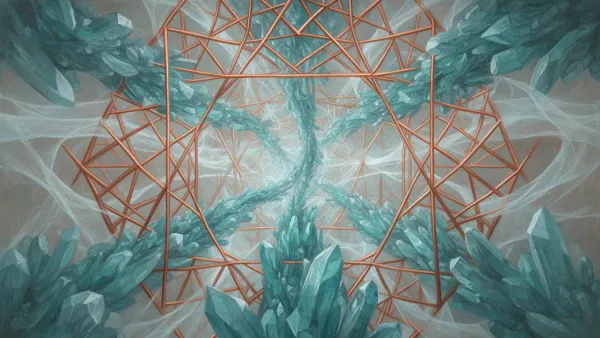 Copper geometric lattice with teal crystals on navy fresco; left-weighted, textured, negative space right