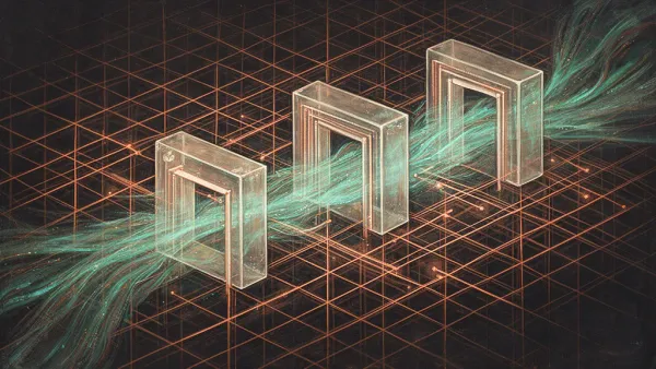 Geometric lattice with teal flow and copper nodes on navy fresco texture, fading right