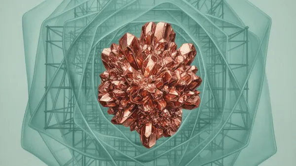 Copper crystalline core in teal lattices, cream light streams on navy fresco-textured ground