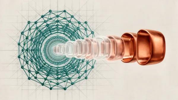 Abstract geometric teal lattice with copper forms on navy, textured fresco; negative space right