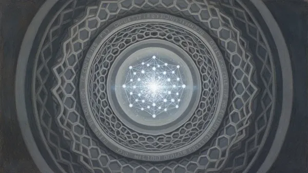 Geometric nested vessels and hex lattice with glowing crystal, textured navy fresco, right blank space