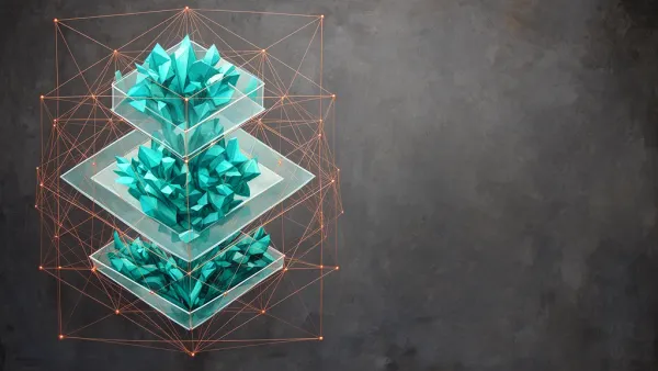 Geometric teal lattice with copper lines on deep navy, fresco grain and 40% negative space