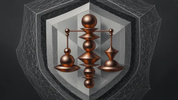 Abstract navy geometry with teal wash, copper weights, shield lattice; grainy cracked fresco paper.