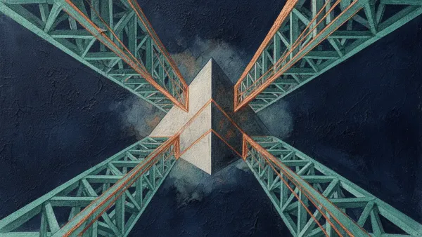 Geometric prism with copper and teal lattices on textured navy fresco, right side empty