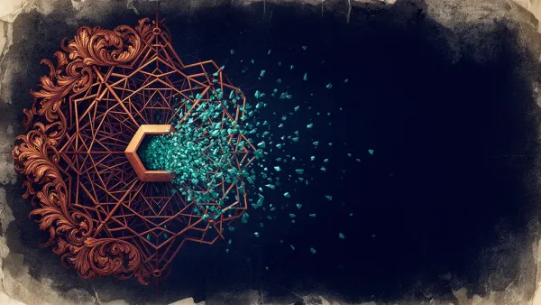 Copper lattice with teal shards on navy plaster texture, left-weighted with right negative space