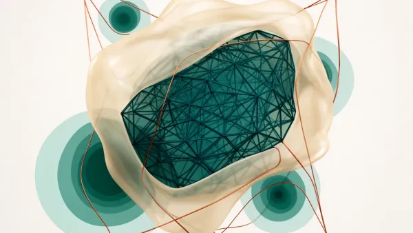 Teal lattice with cream membrane, copper edges, navy fresco grain; left focus, right space