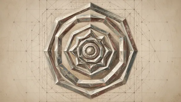 Abstract geometric medallion left; navy grid lattice, teal/cream rings, copper core, aged grain.