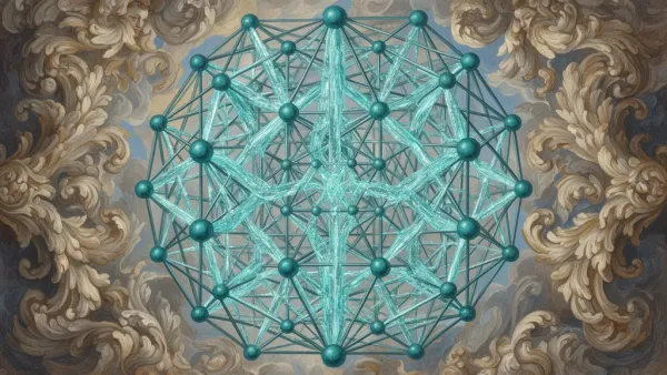 Abstract fresco lattice with teal nodes and copper lines, focal left; navy field, right negative space.
