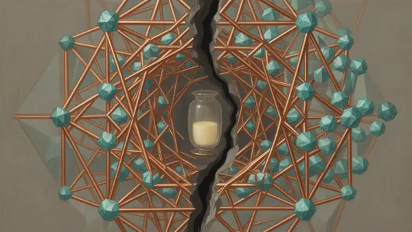 Geometric copper lattice with teal nodes split by jagged fault line; cream core on navy wash.