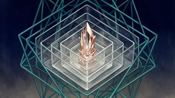 Nested translucent geometric boxes with teal lattice and copper crystal on navy, grainy paper texture.