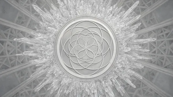 Geometric teal medallion on navy fresco, copper nodes, crystalline lattice, right space for text