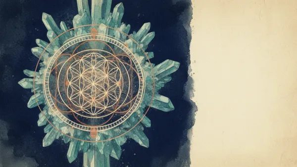 Digital fresco: teal crystal lattice of concentric geometry on navy, left-centered; paper grain.