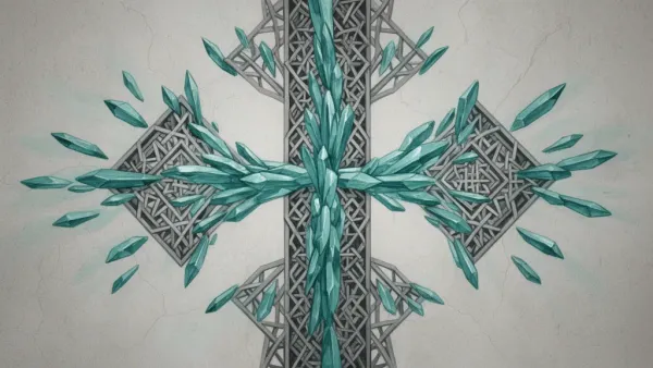 Abstract lattice spine with teal crystals and copper lines on navy fresco, left of center.