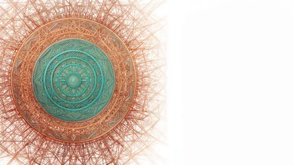 Teal geometric medallion with bronze lattice on navy fresco, cream flows; right-side negative space