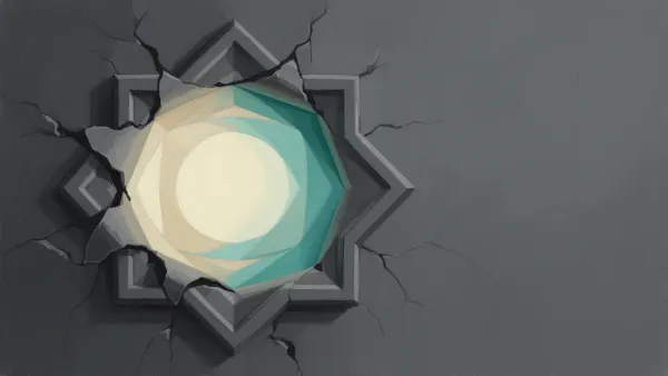 Abstract fresco medallion left, charcoal layers peel to teal/cream core on navy copper grid.