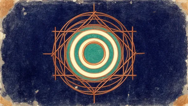 Abstract teal/cream circles in copper lattice on textured navy, left; right negative space