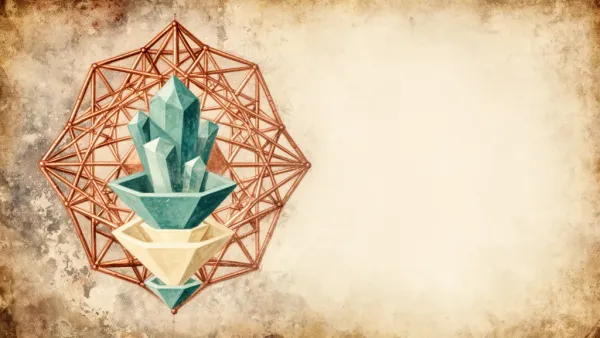 Copper lattice with teal/cream crystal forms on navy textured fresco, right-side negative space