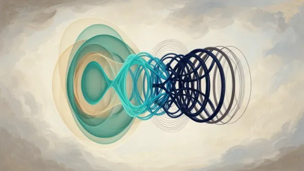 Abstract fresco: teal membrane vessel merges into navy tension coil, fading into spacious dark field