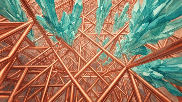 Copper geometric lattice with teal crystals on navy textured fresco; left focal, right negative space