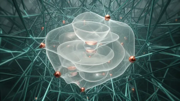 Abstract nested translucent vessels in teal lattice on deep navy, with copper highlights.