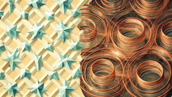 Geometric lattice with teal nodes and copper lines on navy fresco, right-side negative space