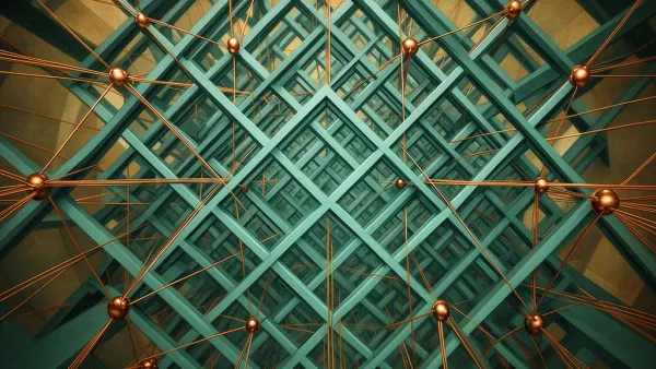 Abstract teal lattice with copper nodes on navy, grainy fresco texture, right-side space