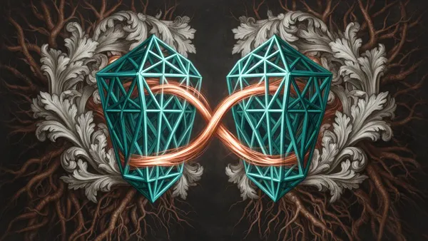 Mirrored teal crystal lattices with copper light stream on deep navy fresco, baroque foliage.