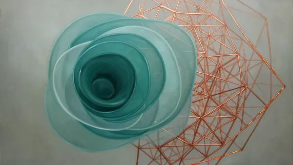 Abstract digital fresco of teal vessels to copper lattice on navy plaster, right-side negative space.