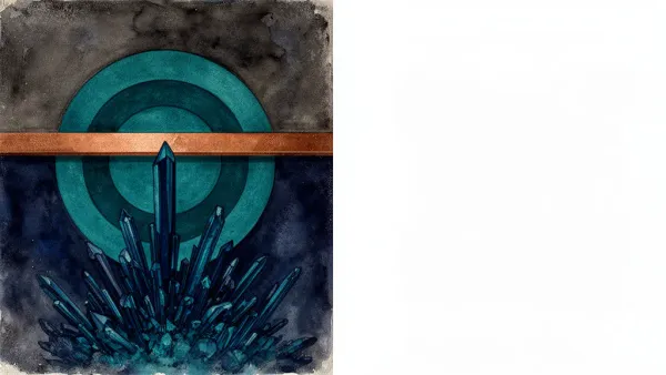 Abstract teal nested circles over copper line with navy crystalline forms on textured charcoal backdrop