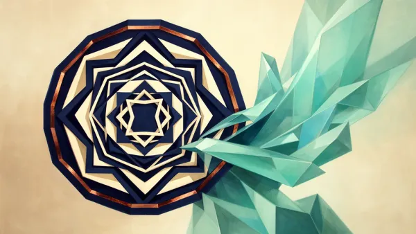 Abstract medallion and crystal linked by teal channels on navy, grainy fresco, right space