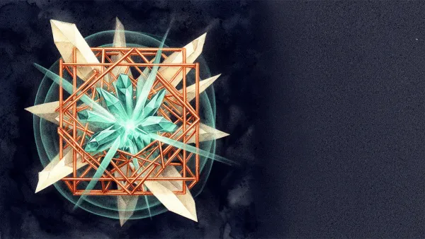 Copper lattice with glowing teal crystals on navy fresco background, right-side negative space