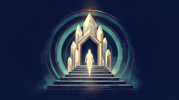 Abstract digital fresco: a tiered crystalline gate forming a controlled passage; navy and teal.