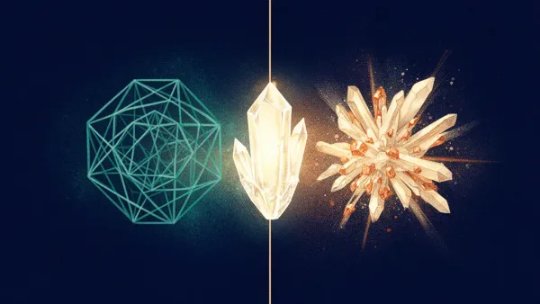 Abstract digital fresco: a form on a classification spectrum between a constrained cage and a free cluster; navy and teal.