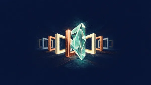 Abstract digital fresco: a row of receding checkpoint gates, one freshly re-formed, evoking regulatory amendment; navy and teal.