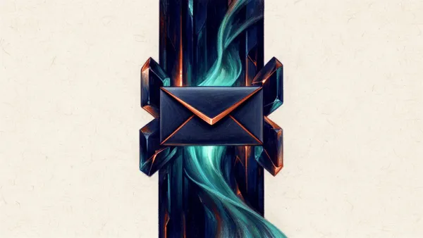 Abstract digital fresco: a formal sealed notice delivered across a luminous threshold; deep navy and teal.