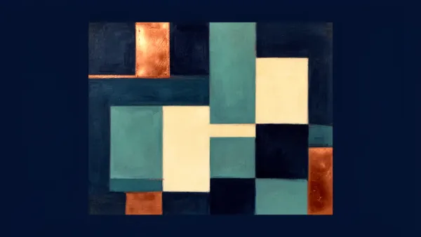 Abstract Digital Fresco composition: interlocking architectural grid of teal and navy geometric forms bound into one structure, with copper accents marking shared ownership