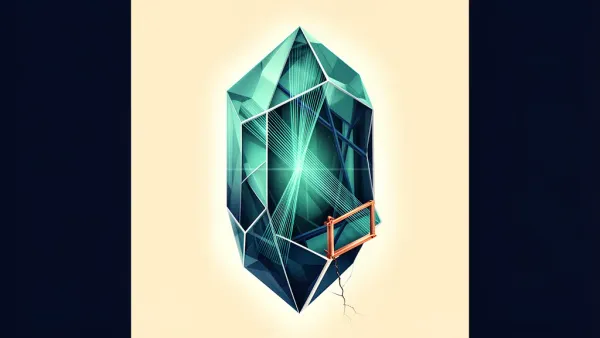 Abstract digital fresco: a centered navy-and-teal faceted crystal with taut tension lines, a copper frame marking owned tooling, and a faint detachment seam.