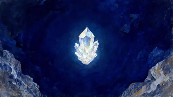 Abstract digital fresco: a luminous teal and cream crystalline form held intact at the center of a deep navy field, symbolizing a creator’s voice and likeness shielded from synthetic cloning.