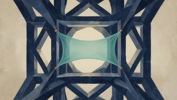 Abstract navy architectural lattice with a central void bridged by a luminous teal membrane and copper connection nodes, symbolizing professional continuity