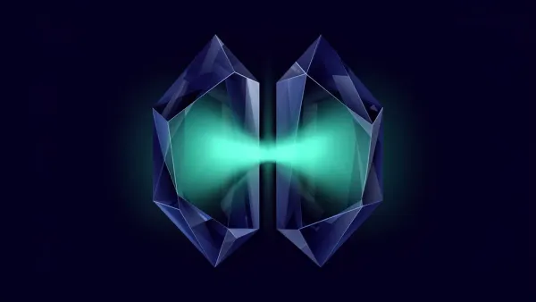 Abstract navy crystalline structures relaying cool teal light across a central seam — symbolizing continuity and stewardship of a law practice through succession.