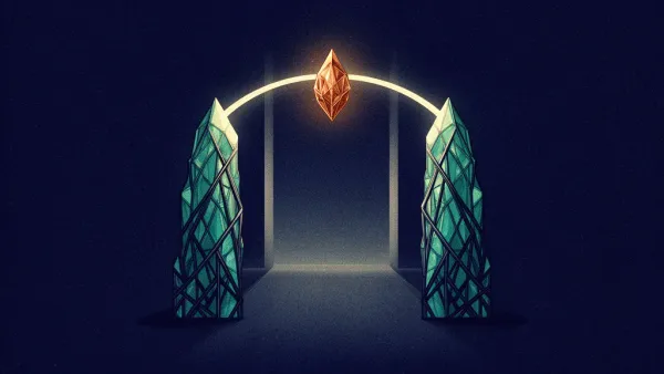 Abstract digital fresco of two balanced teal crystalline monoliths joined by a luminous arc over a threshold in deep navy, symbolizing an ethical transfer of a law practice.
