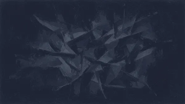 Abstract digital-fresco composition: a deep-navy crystalline structure with taut tension lines and radiating fracture points, evoking contract risk and legal dependency under strain.
