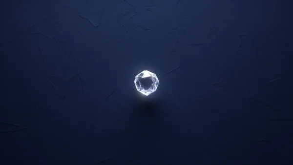 Abstract digital fresco: a faceted crystalline form glowing at the center of a deep navy field, its containment boundary breaking open.