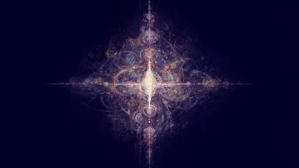 Abstract navy digital fresco: a glowing crystalline bloom radiating from a bright center into an intricate lattice — an artist’s work absorbed by a machine structure