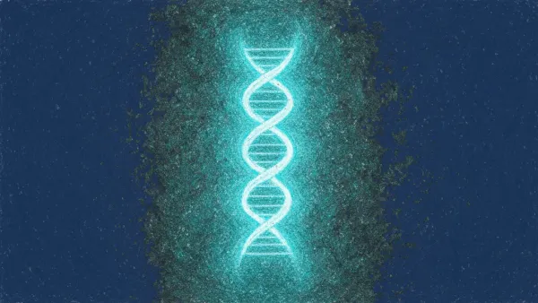 Abstract navy fresco: a teal DNA double-helix inside a protective glowing membrane, dissolving into crystalline data-shards — genetic data privacy under a compliance boundary