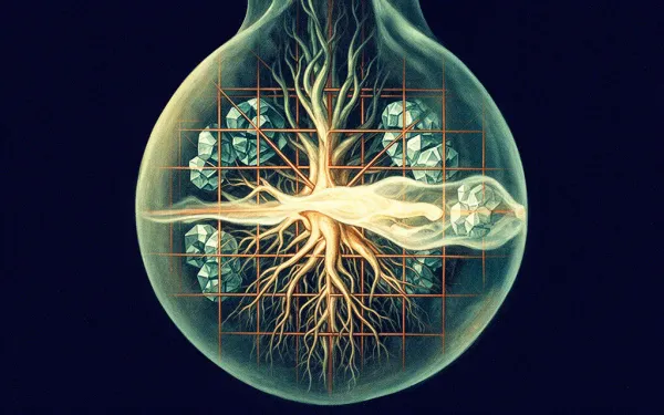 Abstract digital fresco: organic root system interwoven with a teal and copper architectural verification grid inside a translucent membrane.