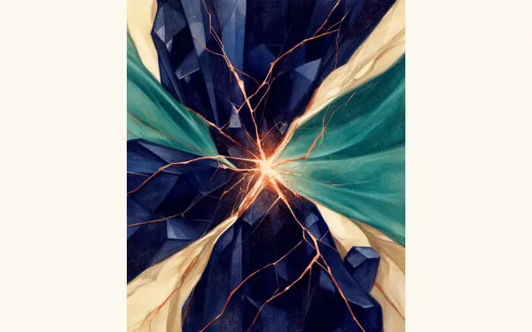 Abstract navy crystalline structure with a copper fracture radiating from a central stress point and a teal membrane containing the break