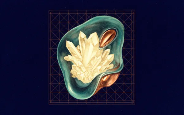 Abstract fresco: a translucent teal membrane with a copper aperture enclosing luminous crystalline forms in deep navy, framed by a copper access lattice